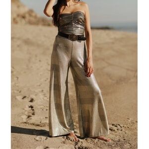 Nightcap Free People gold metallic lame striped wide leg hi waist pants M L